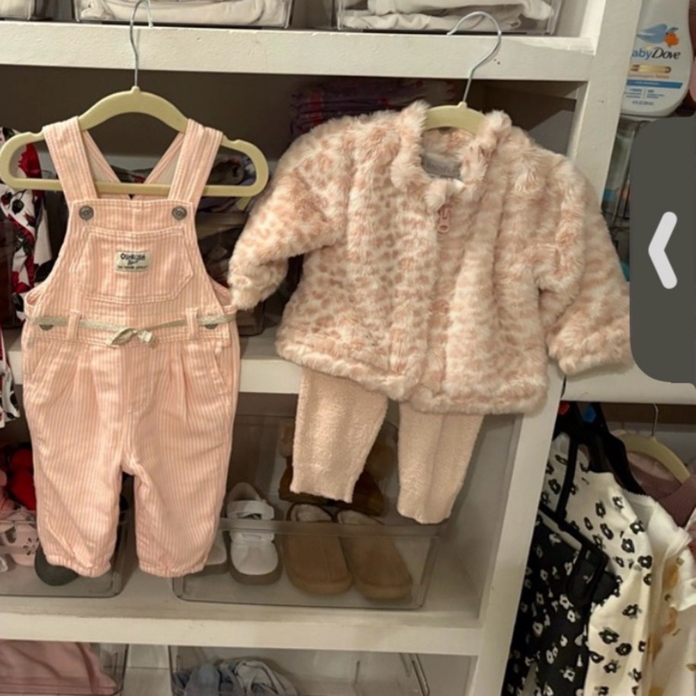 Pink Overalls, and Fuzzy Jacket Set
